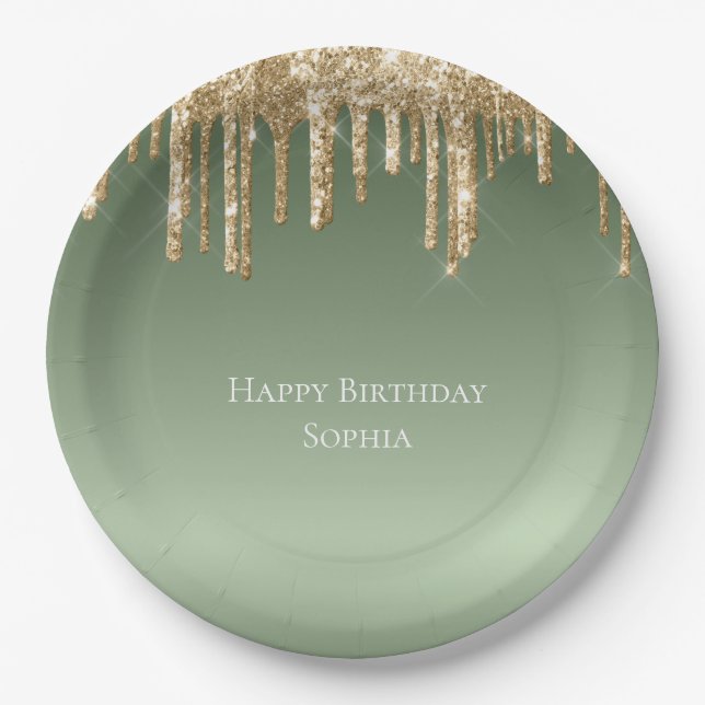 Sage Green Gold Sparkle Glitter Drips Birthday Paper Plate (Front)