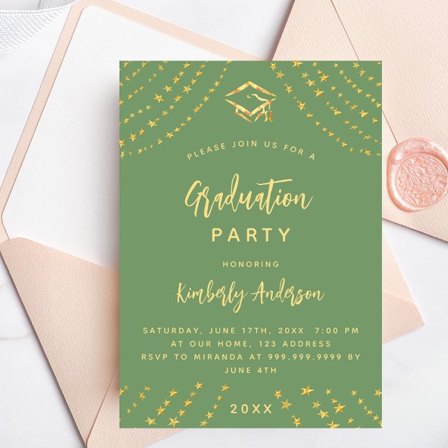 Sage green gold stars graduation party modern year invitation postcard (Creator Uploaded)