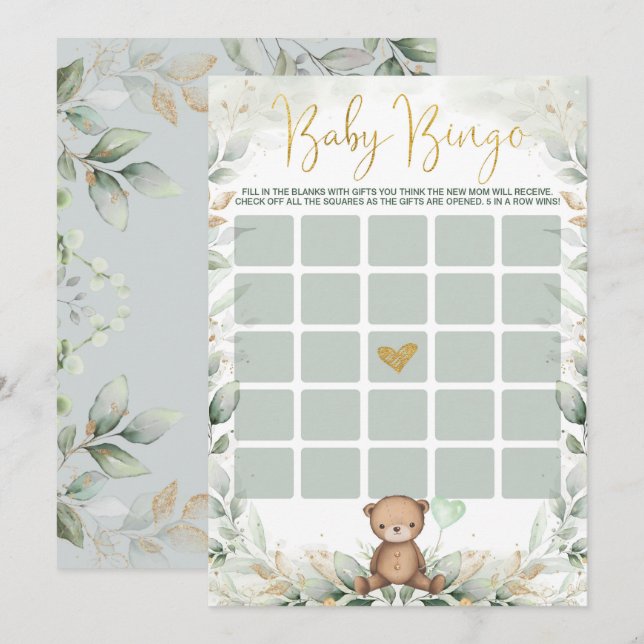Sage Green Gold Teddy Bear Bingo Baby Shower Game Invitation (Front/Back)