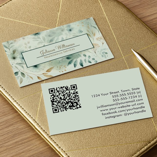 Sage Green & Gold Watercolor Botanical QR Code Business Card (Front/Back)