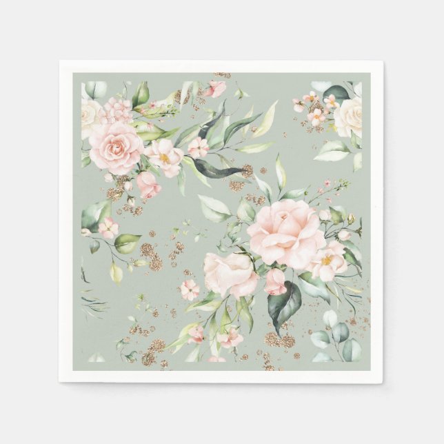 Sage Green Gold Watercolor Floral Botanical Party Napkin (Front)