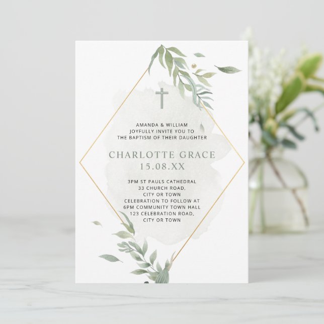 Sage Green & Gold Watercolor Foliage Baptism  Invitation (Standing Front)