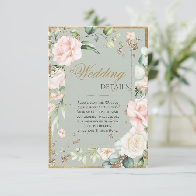 Sage Green Gold Watercolor QR Code Wedding Enclosure Card (Standing Front)