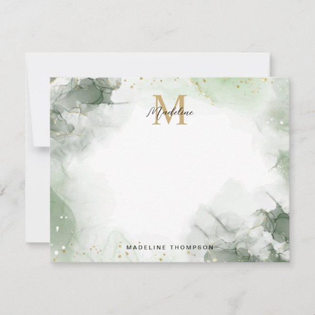 Sage Green Gold Watercolor Splash Script Monogram Card (Front)