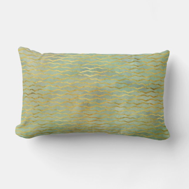 Sage Green & Gold Watercolor Wave Stripes Lumbar Cushion (Front)
