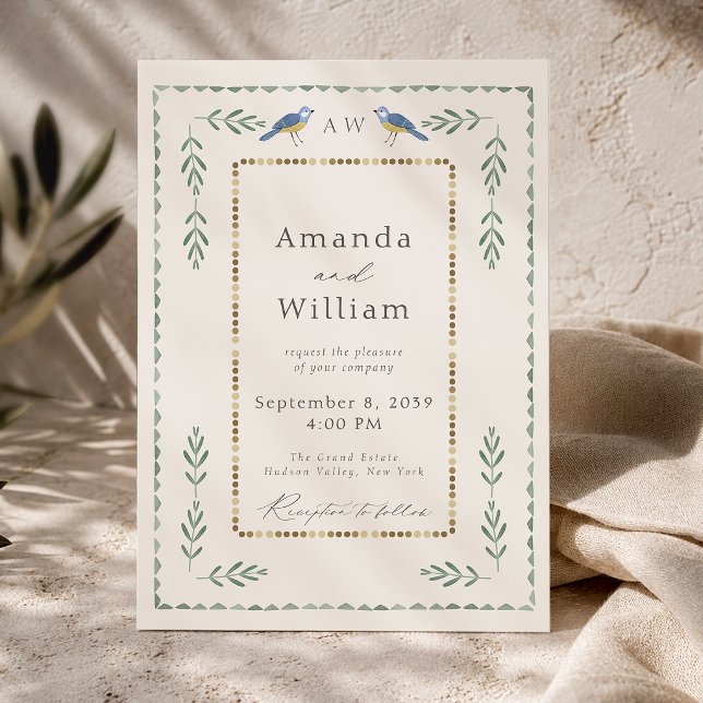Sage Green & Gold Wedding Invitation with Birds  (Creator Uploaded)
