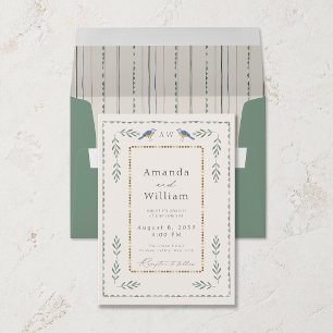 Sage Green & Gold Wedding Invitation with Birds 