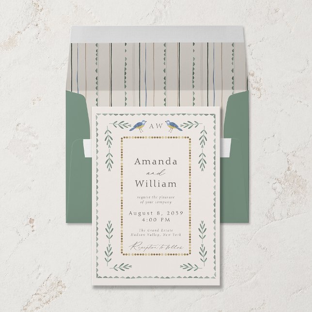 Sage Green & Gold Wedding Invitation with Birds  (Creator Uploaded)