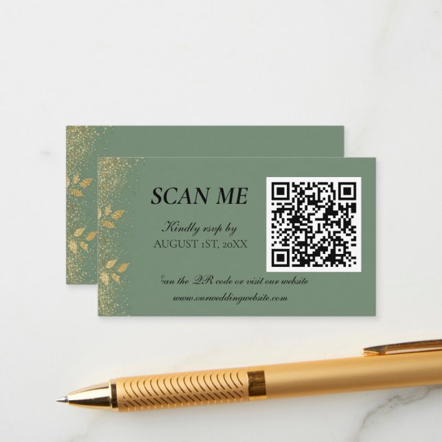 Sage Green Gold Wedding QR Code RSVP Enclosure Card (Front/Back In Situ)