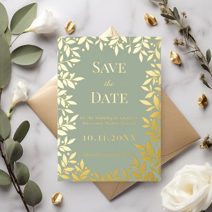 Sage green gold wedding Save the Date foil card