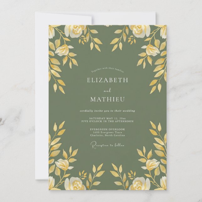 Sage Green Golden Botanical Wedding Invitation (Front)