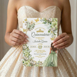 Sage Green Golden Butterfly Floral Quinceañera Invitation