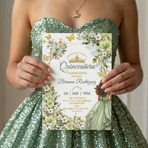 Sage Green Golden Tiara Butterfly Quinceañera Invitation