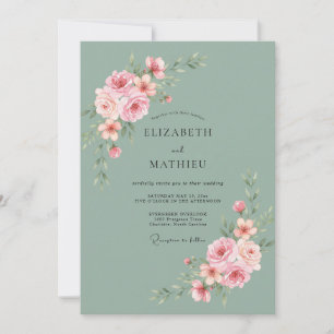 Sage Green Graceful Rose Wedding Invitation
