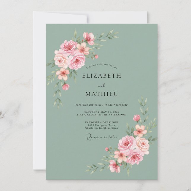 Sage Green Graceful Rose Wedding Invitation (Front)