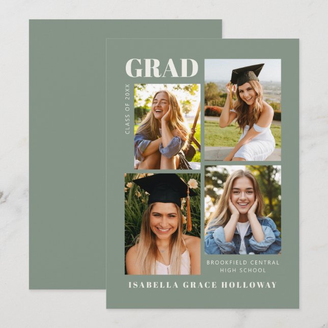 Sage Green Grad Announcement With Photos (Front/Back)