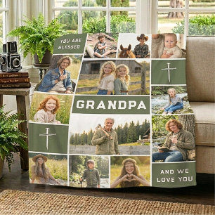 Sage Green Grandpa 12 Photo Heirloom Fleece Blanket