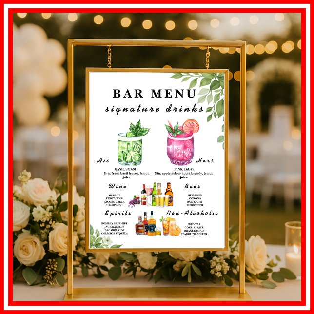 Sage Green Greenery Bar Menu Wedding Drink Sign  (Creator Uploaded)