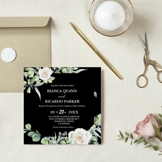 Sage Green greenery  Black Square Wedding Invitation (Creator Uploaded)