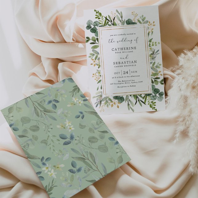 Sage Green Greenery Eucalyptus Geometric Wedding Invitation (Creator Uploaded)