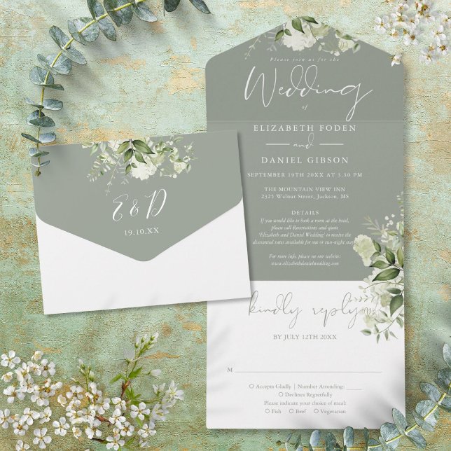 Sage Green Greenery Floral Details RSVP Wedding All In One Invitation (Sage Green Greenery Floral Details RSVP Wedding All In One Invitation)
