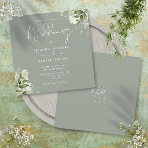Sage Green Greenery Floral Monogram Square Wedding Invitation