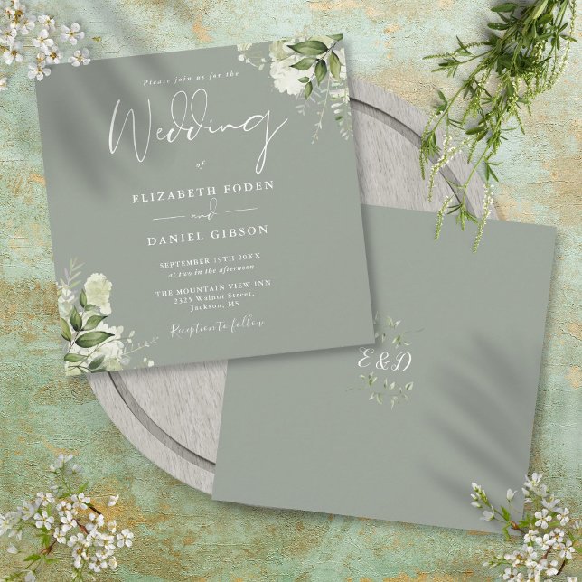 Sage Green Greenery Floral Monogram Square Wedding Invitation (Sage Green Greenery Floral Monogram Square Wedding Invitation)