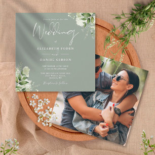 Sage Green Greenery Floral Photo Square Wedding Invitation