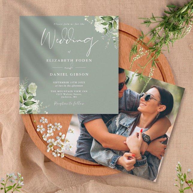Sage Green Greenery Floral Photo Square Wedding Invitation (Creator Uploaded)