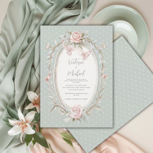 Sage Green Greenery Frame Floral Vintage Wedding Invitation