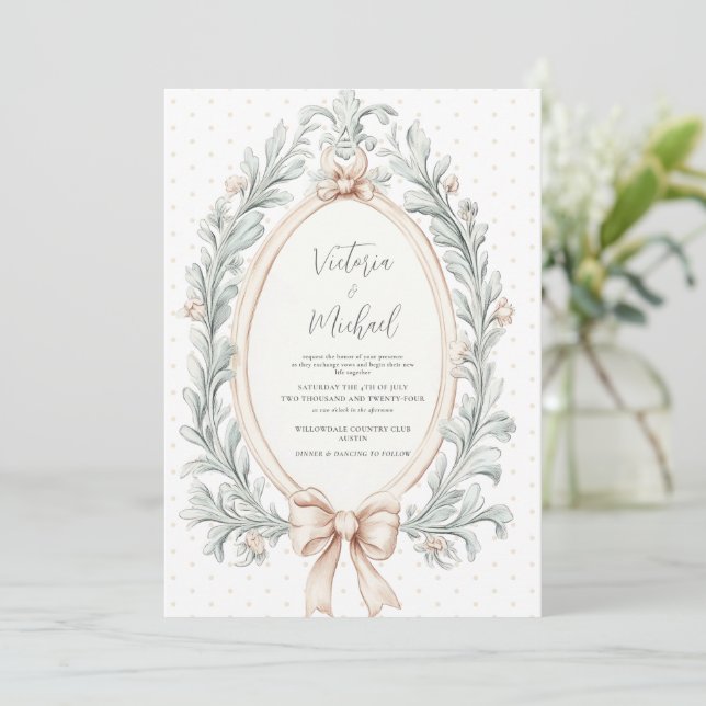 Sage Green Greenery Frame Vintage Wedding Invitation (Standing Front)