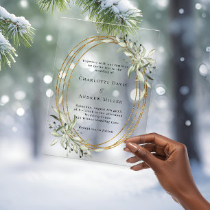 Sage green greenery gold frame clear wedding acrylic invitations