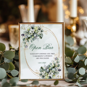 Sage Green Greenery Open Bar Sign Gold Wedding