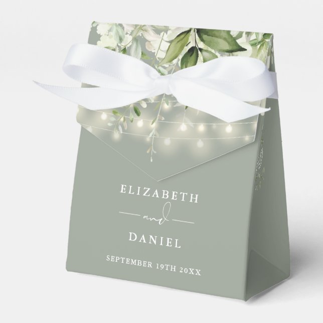 Sage Green Greenery String Lights Wedding Favour Box (Front Side)