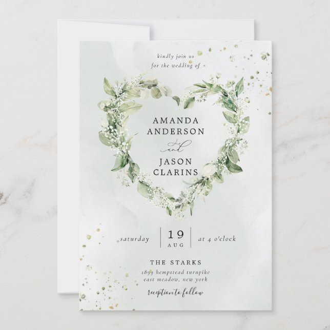 Sage Green Greenery White Floral Wreath Wedding Invitation (Front)