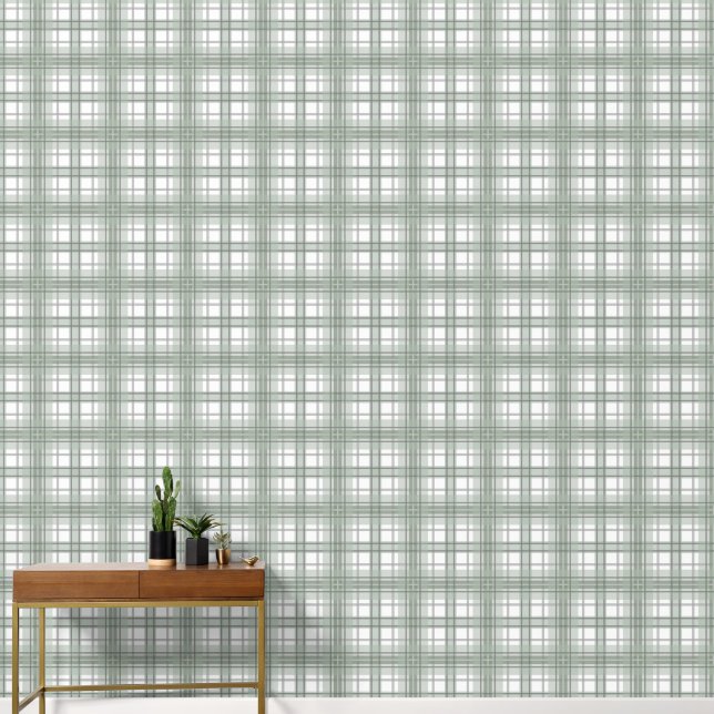 Sage Green, Grey and White Plaid Wallpaper (Hallway)