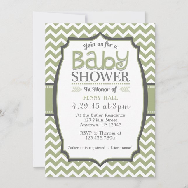 Sage Green Grey Chevron Baby Shower Invitation (Front)