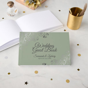 Sage Green & Grey Frilly Filigree Elegant Wedding Guest Book