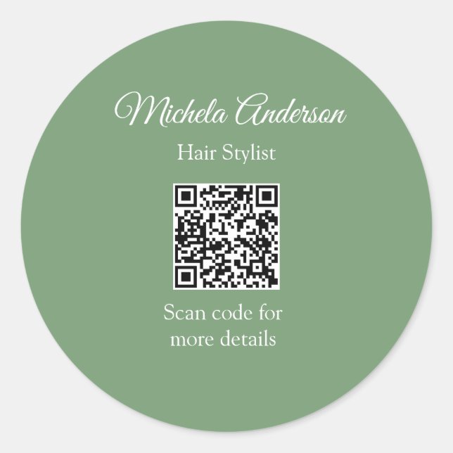 Sage green hair stylist add name contact website classic round sticker (Front)