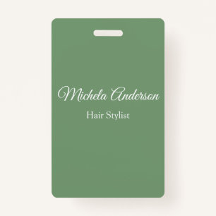 Sage green hair stylist add name contact website ID badge