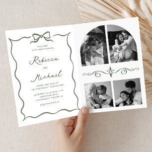 Sage Green Hand Drawn Bow QR Code Photo Wedding Invitation