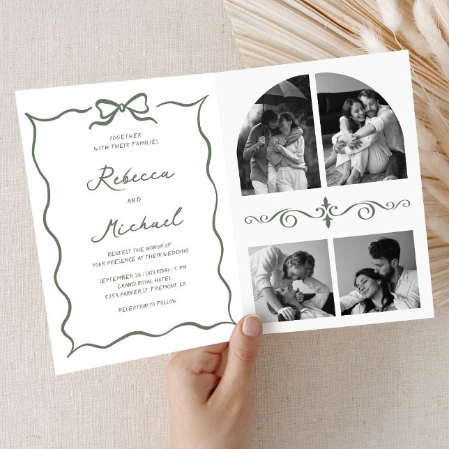 Sage Green Hand Drawn Bow QR Code Photo Wedding Invitation (Creator Uploaded)