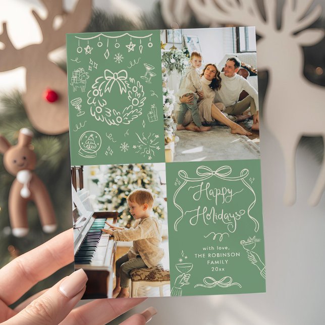 Sage Green Hand Drawn Bows Happy Holidays 2 Photo Holiday Card (Creator Uploaded)