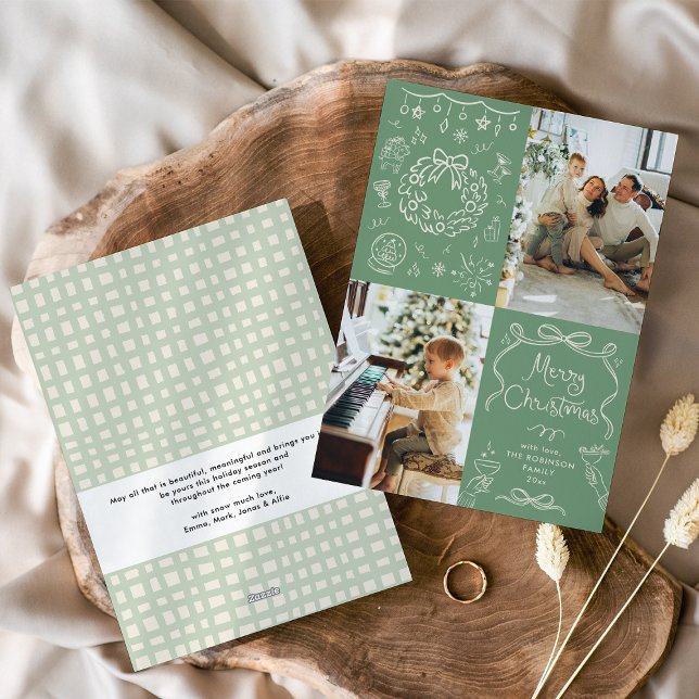 Sage Green Hand Drawn Bows Merry Christmas 2 Photo Holiday Card (Creator Uploaded)