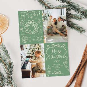 Sage Green Hand Drawn Bows Merry Christmas 2 Photo Holiday Card