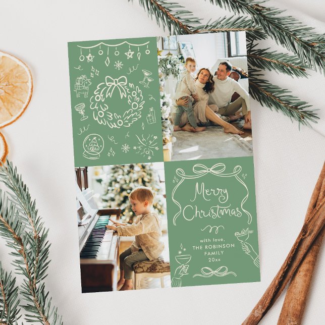 Sage Green Hand Drawn Bows Merry Christmas 2 Photo Holiday Card (Creator Uploaded)