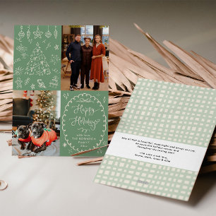 Sage Green Hand Drawn Chalk Happy Holidays 2 Photo Holiday Card