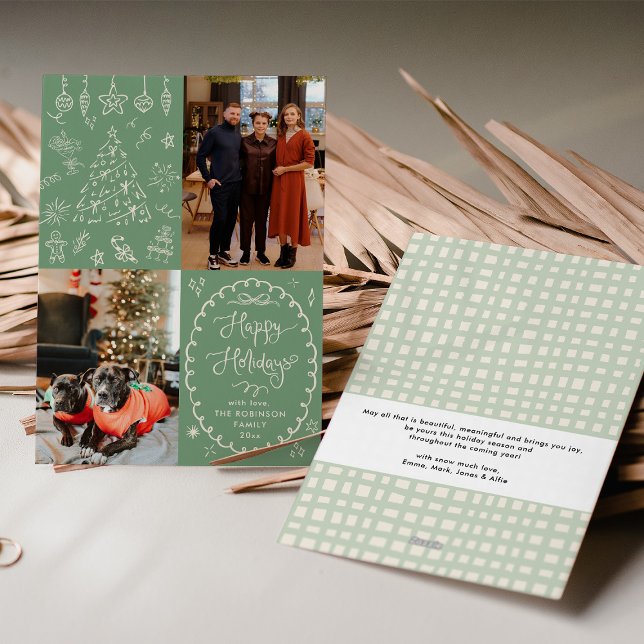 Sage Green Hand Drawn Chalk Happy Holidays 2 Photo Holiday Card (Creator Uploaded)