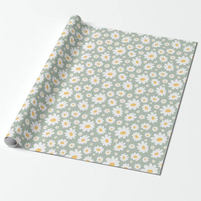 Sage Green Hand Drawn Daisy Pattern Wrapping Paper (Unrolled)
