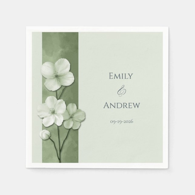 Sage Green Hand Drawn Floral Botanical Wedding Napkin (Front)